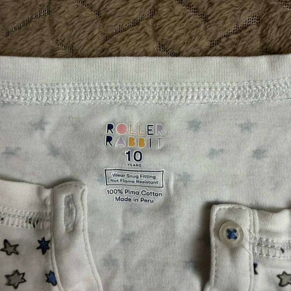 Roller Rabbit Pajama Set Size 10 White Blue Star Pima Cotton Henley Snug Fit